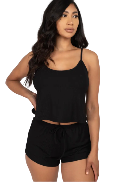 Ribbed Strappy Top & Shorts Lounge Set (Black)