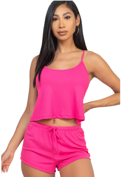 Ribbed Strappy Top & Shorts Lounge Set (Pink)